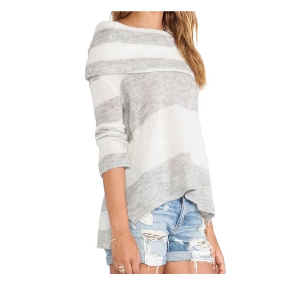 Free People Alpaca Sweater Large Lulu Rugby Stripe Cowl Neckline Ivory Gray L